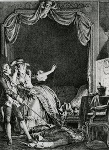 "Virgem Santa!" ela exclamou: "vamos nos tornar um homem morto em casa!", ilustração do capítulo 9 de "Cândido" de François Voltaire (1694-1778) gravada por Philippe Triere (1756-1815), 178 de Jean Michel the Younger Moreau